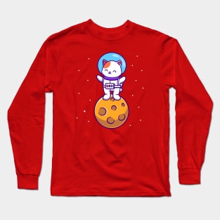 Cute Astronaut Cat Standing On Moon Long Sleeve T-Shirt